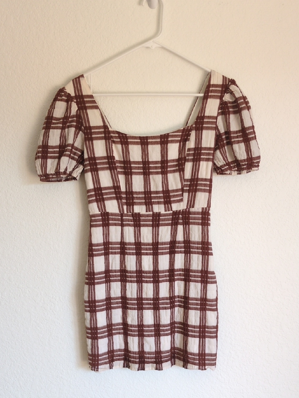 Sage White and Brown Plaid Puff-Sleeve Mini Dress